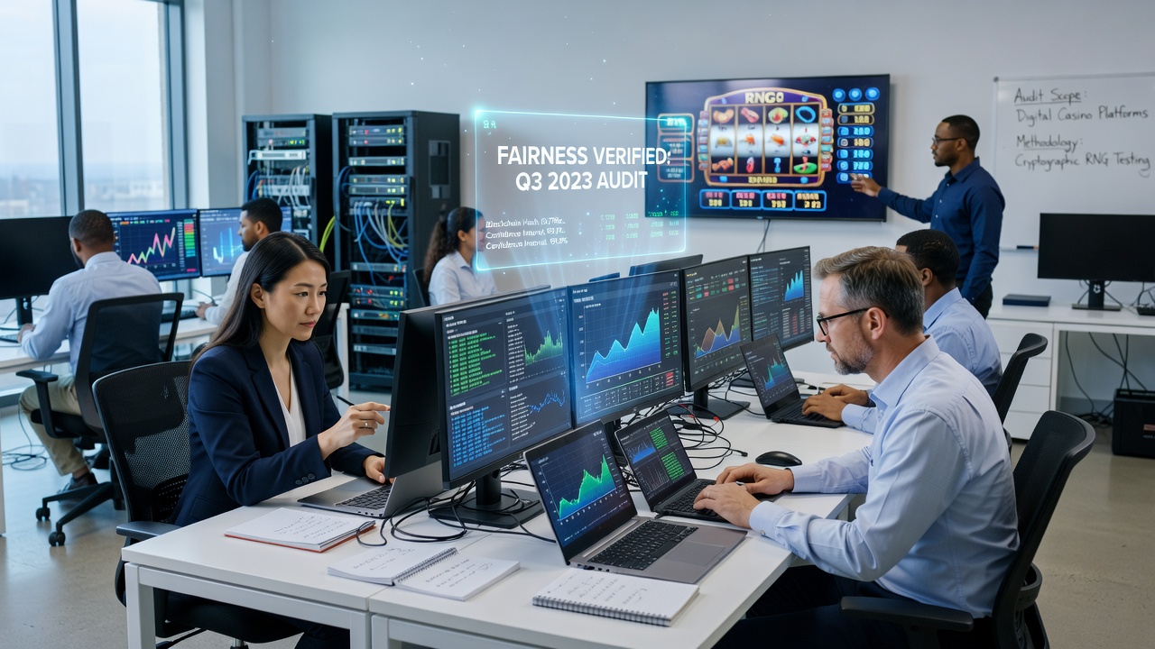 Auditors analyzing statistical output graphs and certification documents in a controlled laboratory setting