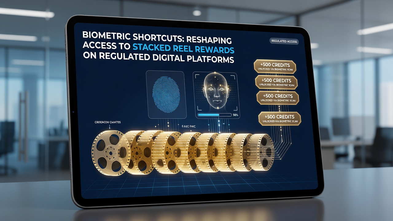 User interacting with a biometric-enabled slot app displaying stacked reel rewards and bonus layers