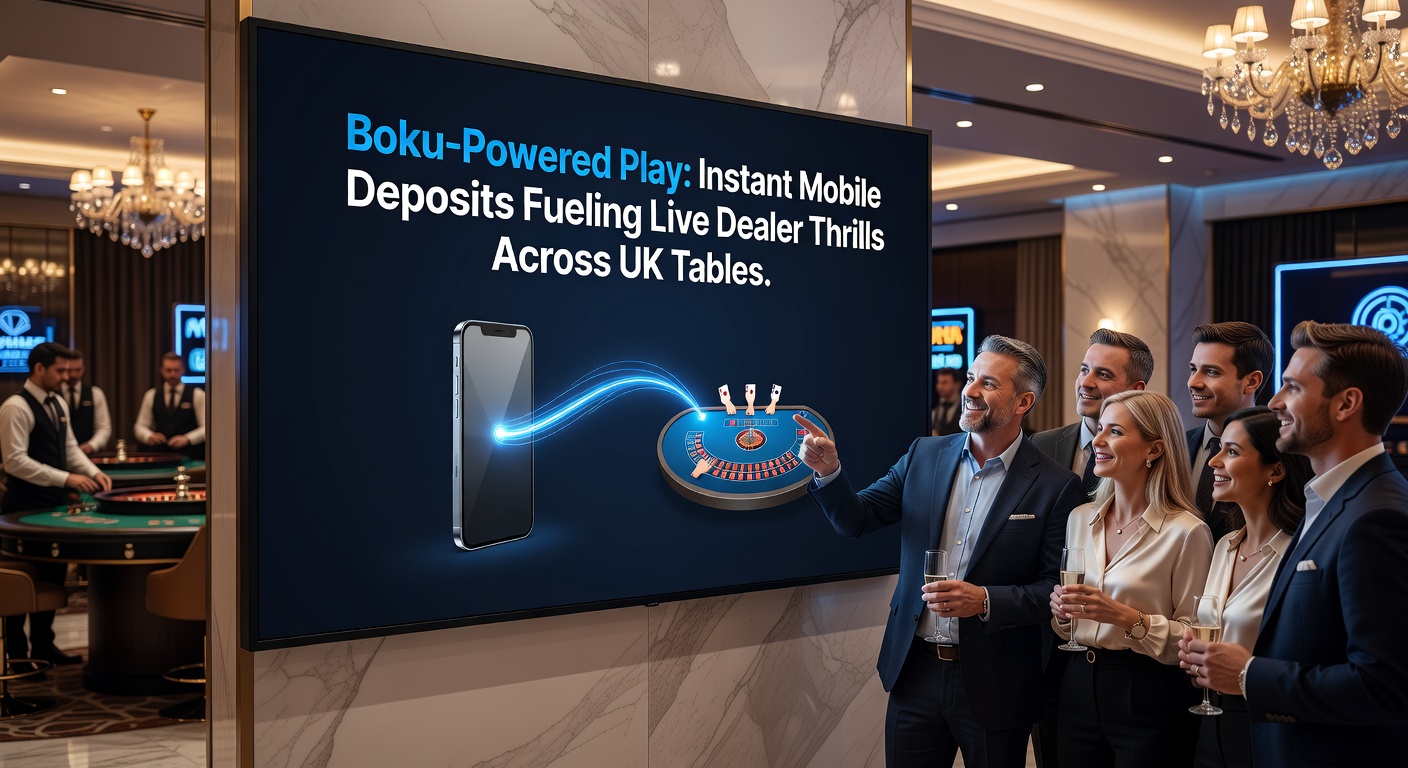 Dynamic split-view of a mobile interface showing Boku payment flow alongside a live dealer blackjack game, with chips stacking and dealer interacting