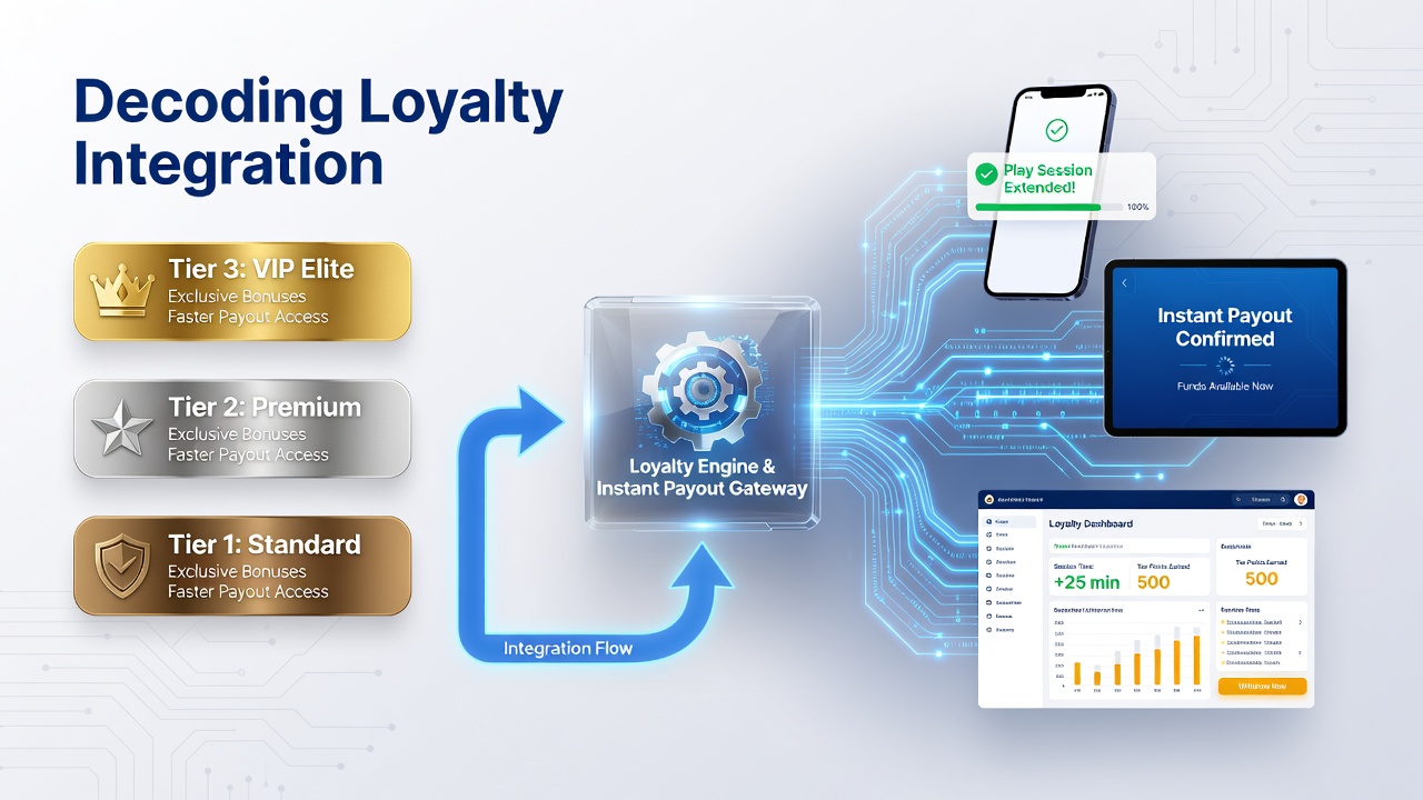 Flowchart style graphic showing data exchange between loyalty tiers and instant payout systems on mobile devices