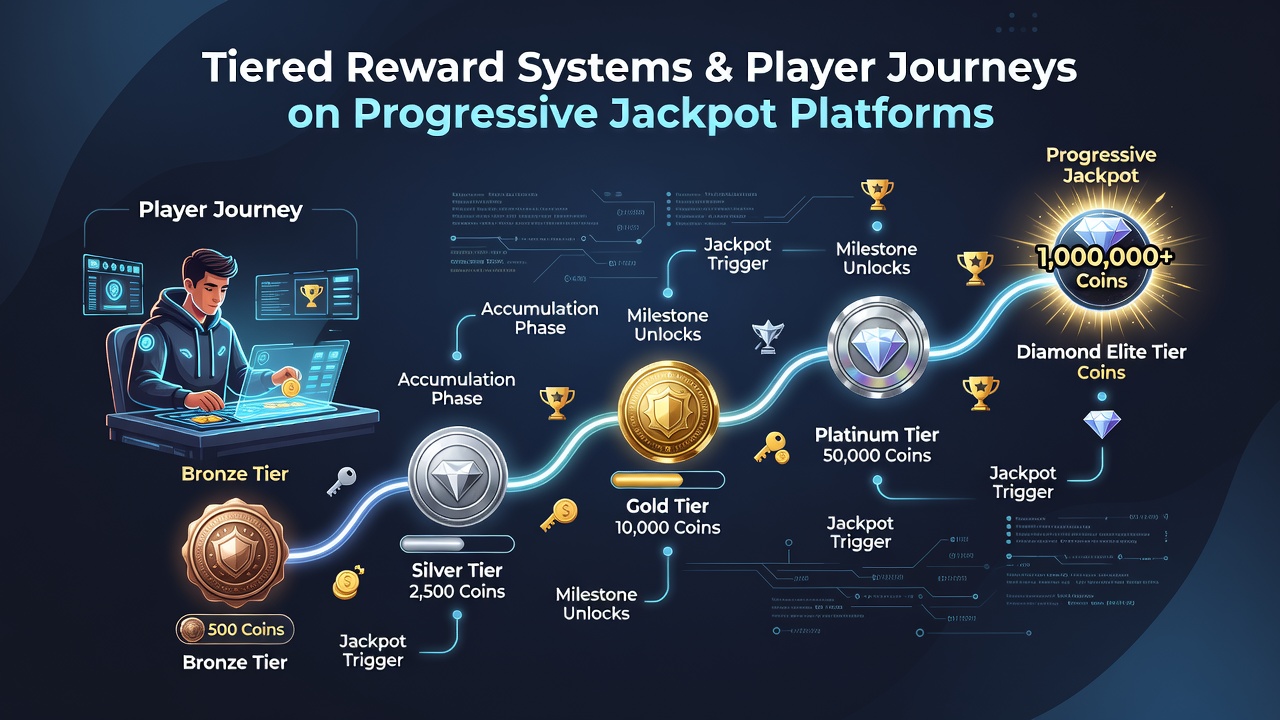 Screenshot of a mobile progressive jackpot interface displaying tier progress bar, current multiplier, and upcoming reward unlocks for a player account