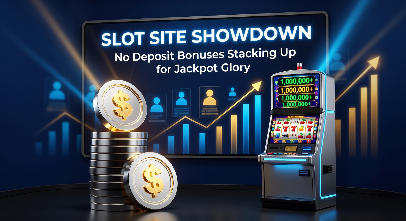 Dynamic comparison chart of slot sites featuring bonus icons, jackpot meters rising, and no-deposit labels clashing in a competitive arena graphic