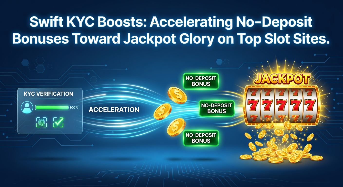 Vibrant slot machine jackpot screen exploding with coins and lights, overlaid with KYC approval badge and no-deposit bonus icons