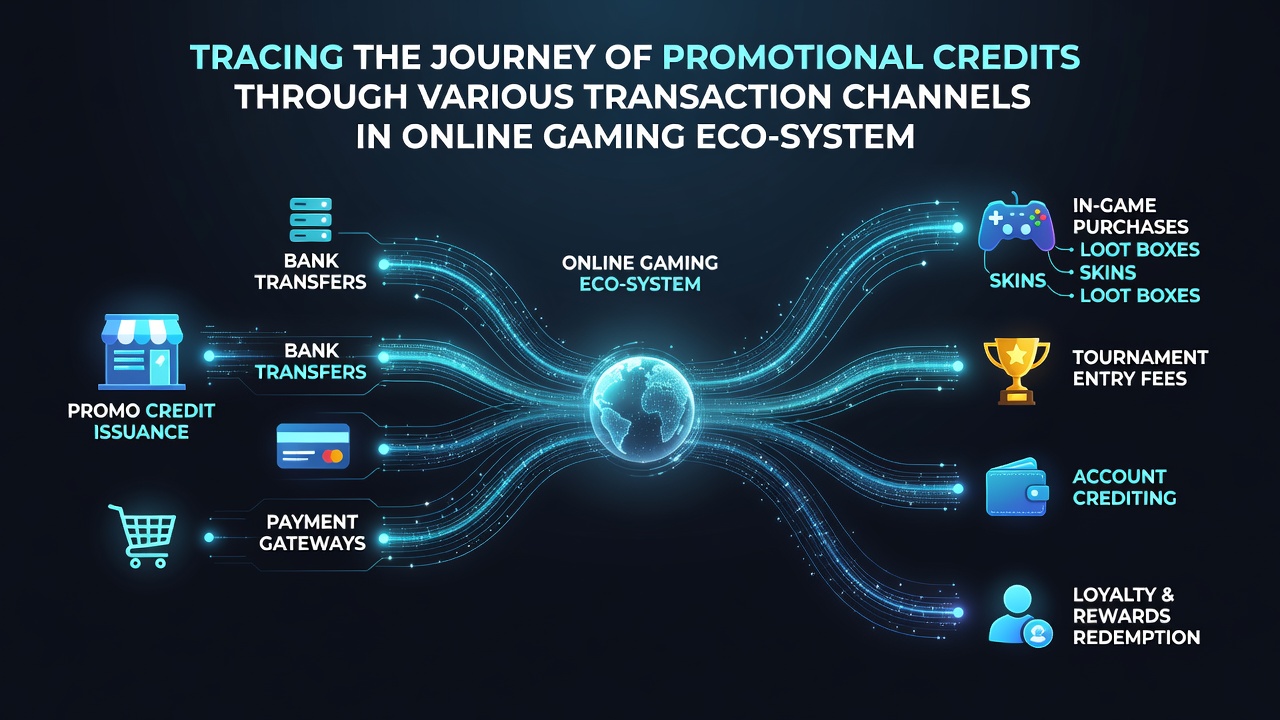 Illustration of promotional credits converting during live gameplay sessions and moving between game types in online ecosystems